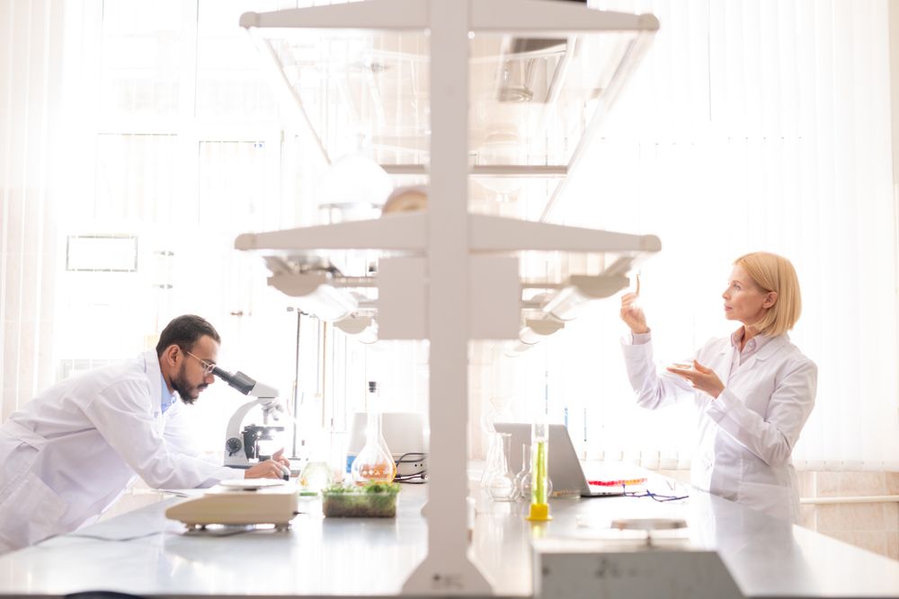 Serious busy laboratory workers in white coats standing at desk and analyzing samples while working in environmental biotechnology laboratory