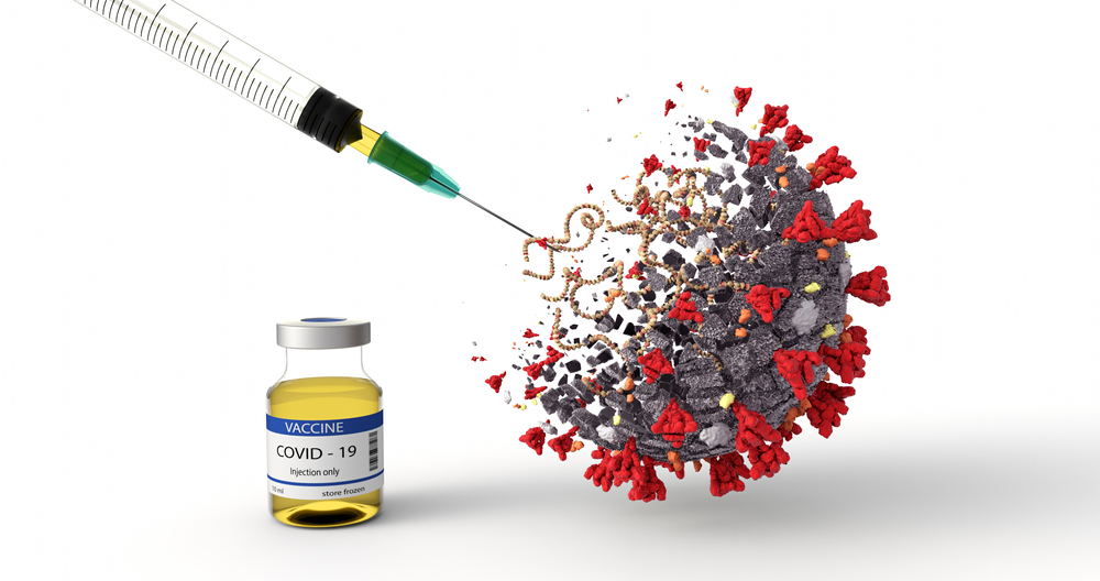 Realistic 3D Illustration of COVID-19 Vaccine. Corona Virus SARS-CoV-2, 2019 nCoV virus destruction. A vaccine against coronavirus disease 2019. Breakthrough in the Creating of a COVID-19 Vaccine.